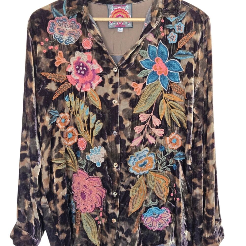 Johnny Was Bianca Camo Floral Velvet Embroidered Boho Blouse S